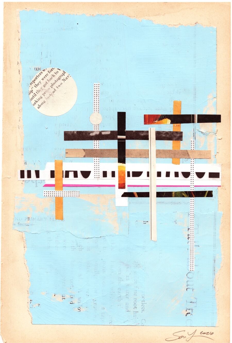 Original Mixed Media Modern Art Collage "Sourdine" 6.5x9.5" Signed